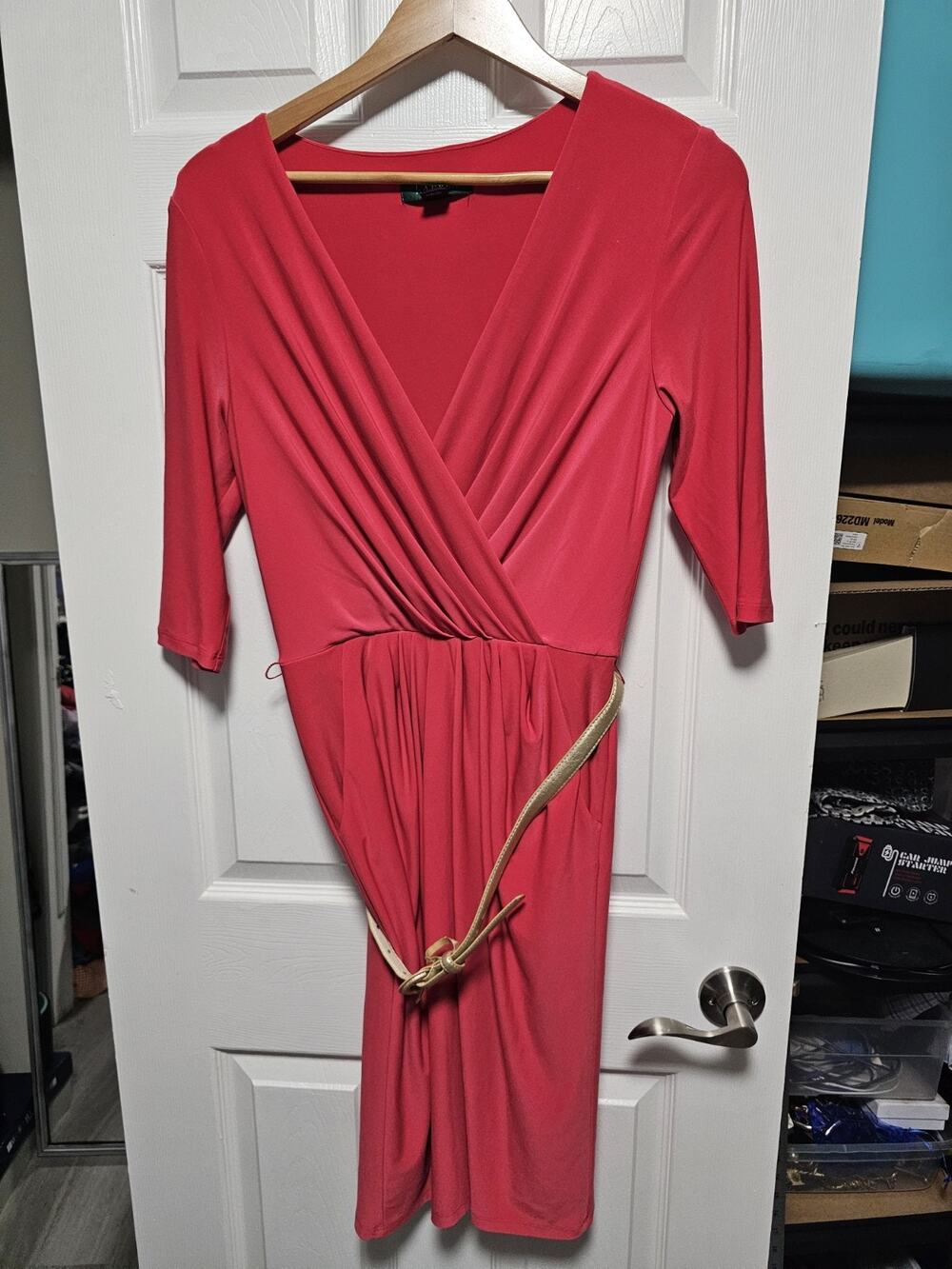 Lauren by Ralph Lauren Coral Belted Dress Sz 6 Stretch Faux Wrap W/ Belt